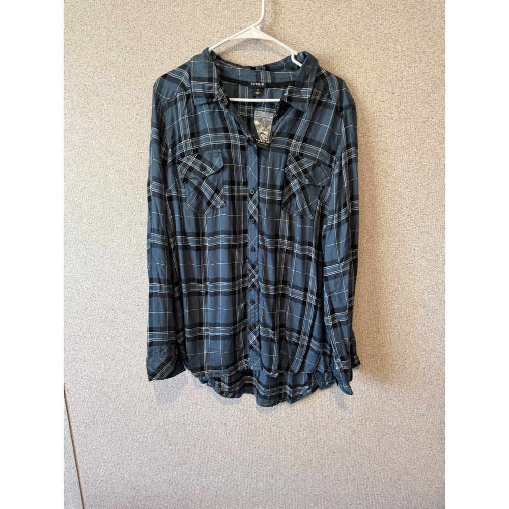 Torrid Women 2‎ Teal Black Plaid Twill Long Sleeve Button Down Shirt 11508026